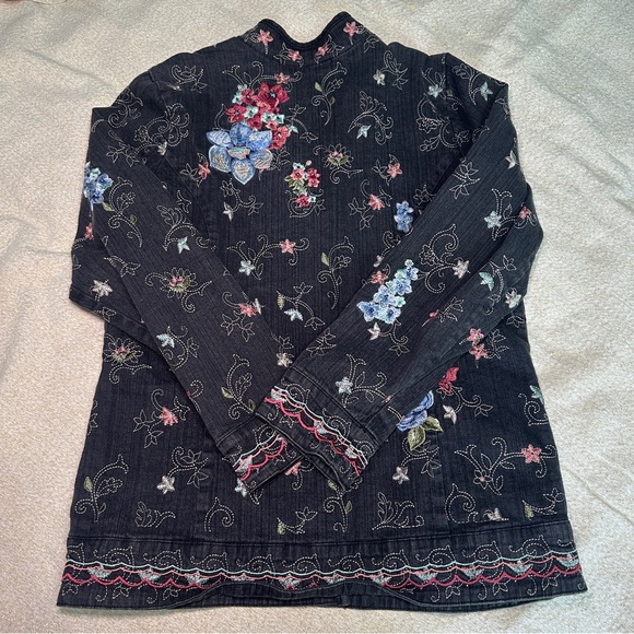 Denim&Co Dark Jean Jacket with Colorful Embroidery - Picture 6 of 12